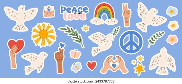 Peace and love, freedom, no war sticker pack. Dove bird, Rainbow, heart, arms. International Day of Peace. Pacifism and Hippie symbols. Vector illustration in flat hand drawn style 