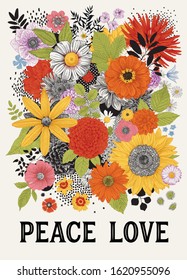 Peace Love. Graphic floral composition. Retro. 60s. Colorful