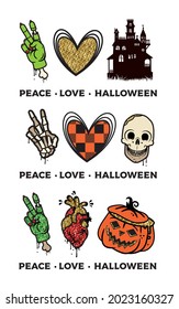 Se imprime el efecto de brillo de Halloween de Peace Love. Ilustración vectorial.