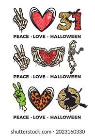 Peace Love Halloween Glitter Effect is Printed  Vector Illustration 
