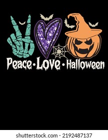 Peace Love Halloween Retro Halloween Skeleton Hand Pumpkin Her T-shirt Design