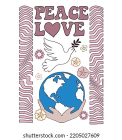  Peace Love. Hand Drawn Earth And Peace Symbol. Heart Shape With Earth. Sketch Style