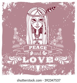 Peace and love. Hand drawn vintage poster with hippie girl. It can be used as a print for bags, T-shirts, cards and other items.