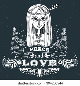 Peace and love. Hand drawn vintage poster with hippie girl. It can be used as a print for bags, T-shirts, cards and other items.