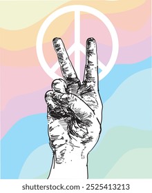 Paz Amor Mano Gesto de victoria Signo de Ilustración vectorial realista lineal Persona aislada sobre fondo de arco iris hippie ondulado