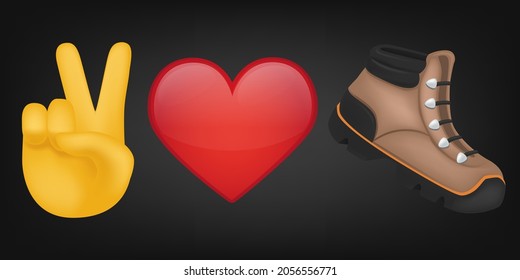 Peace Love and Hiking Illustration Emoji Design. Motivational Quote Emoticon Vector Symbol.