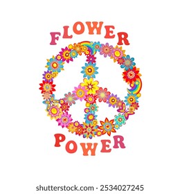 Peace and love hippie sign on white background with colorful flowers, butterflies and Flower Power seventies typography slogan for 70s 60s style groovy poster or card, t-shirt, bag design, fashion pri