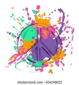 Peace and Love hippie sign over abstract colorful paintbrush splashes grunge background.