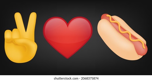 Peace Love and Hot Dog Illustration Emoji Design. Motivational Quote Emoticon Vector Symbol.