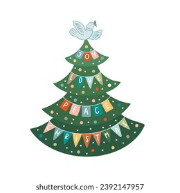 Peace, love, joy - decorated Christmas tree, vector hand drawn art