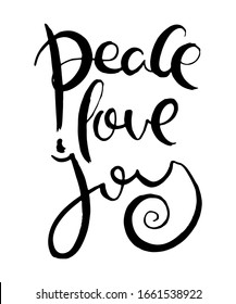 Peace, love, joy. Grunge lettering isolated artwork. Typography stamp for t-shirt graphics, print, poster, banner, flyer, tags, postcard. Vector image