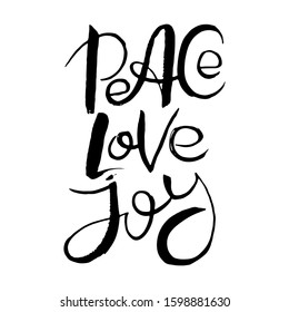 Peace, Love, Joy. Hand lettering grunge card with textured handcrafted doodle letters in retro style. Hand-drawn vintage vector typography illustration