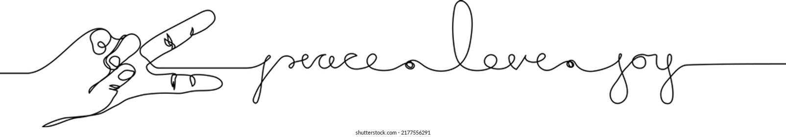 Peace love joy handwritten inscription and symbol peace in hand  Continuous one line drawing  Minimal line art 