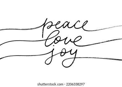 Peace Love Joy mono line lettering with swashes. Hand drawn vector calligraphy isolated on white background. Calligraphy phrase for Christmas. Holiday cursive text. Modern pen lettering. 