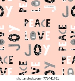 Peace, Love, Joy. Seamless Repeating Pattern With Typographic Christmas Design In Black, Gray And White On Pastel Pink Background. Cute Hand Drawn Christmas Wallpaper, Gift Wrap, Wall Art Design.