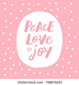 Peace love joy - trendy brush hand lettering. Blue background with hand-drawn snow. Greeting card for the winter season. Vector illustration.