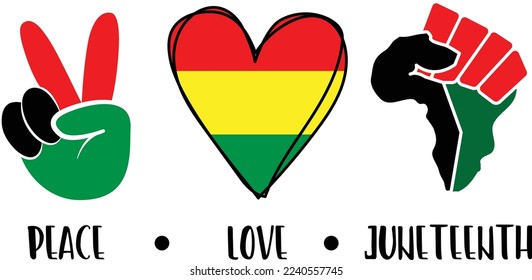 Peace love Juneteenth design with peace sign hand, heart and Africa fist.