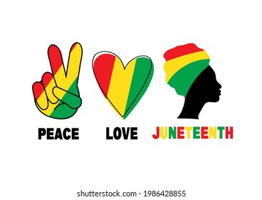 Peace, Love, Juneteenth. Silhouette of Black Afro-American Woman. Heart and fingers with colour of flag. Freedom and Emancipation day. 