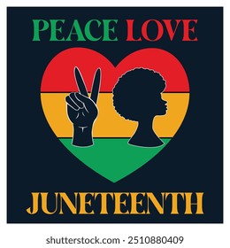 Peace, Love, Juneteenth. Silhouette of Black Afro American Woman. Heart and fingers with flag colors. flat vector modern illustration 