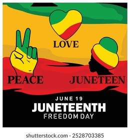 Paz, amor, Juneteenth. Silueta de una mujer de negro, corazones y dedos en los colores de la bandera panafricana. Concepto Juneteenth. Ilustración vectorial plana.