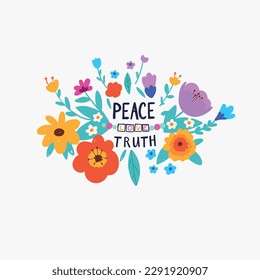 Peace and Love lettering , hippie slogan in hand drawn flower frame