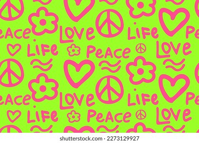 PEACE LOVE LIFE HEART FLOVER SIGN 70S STYLE BRIGHT TRENDY SEAMLESS VECTOR PATTERN