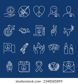 Peace and love line icon set. Pacifism, dove of peace, disarmament symbols. Vector illustration.