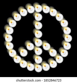 "Peace and Love" logo formed from small round candles on a black background.