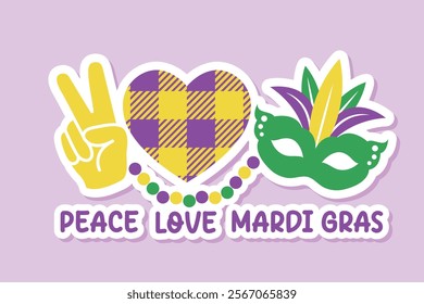 Peace Love Mardi Gras phrase, hand gesture, heart and face mask, vector illustration