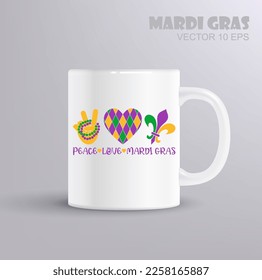 Peace, love, mardi gras. Vector lettering for t shirt, poster, card. Mardi Gras concept with mug mockup