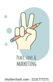 Peace, love and marketing greeting card with color icon element. Social media. Postcard vector design. Decorative flyer with creative illustration. Notecard with congratulatory message on white