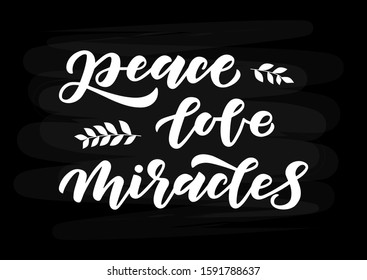 Peace, love, miracles hand drawn lettering. Happy Hanukkah. Template banner, poster, flyer, greeting card, web design, print design. Vector illustration.