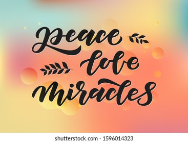 Peace, love, miracles hand drawn lettering. Happy Hanukkah. Template banner, poster, flyer, greeting card, web design, print design. Vector illustration.