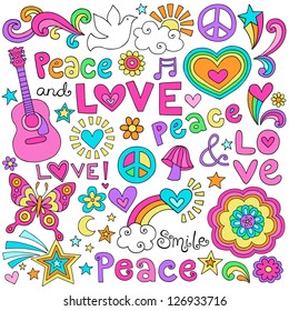 Peace Love and Music Flower Power Groovy Psychedelic Notebook Doodles Set with Butterfly, Flowers, Peace Sign, Acoustic Guitar, and More