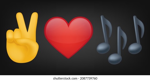 Peace Love and Music Illustration Emoji Design. Motivational Quote Emoticon Vector Symbol.