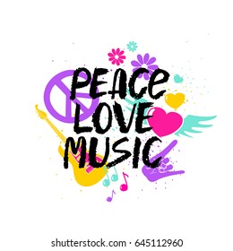 Peace Love Music - inspirational hand drawn brush ink lettering with colorful cartoon symbols.