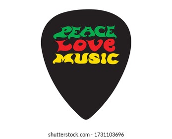 Peace, love, music lettering. Guitar signature pick/mediator design.
