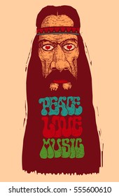 Peace, Love, Music. Retro Design With Old Hippie And Hand-Written Fonts. Vector Illustration.