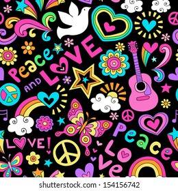 Peace  Love    Music Seamless Pattern Groovy Retro Notebook Doodle Design   Hand  Drawn Illustration Background