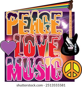 Peace Love Music. Love and Music with peace symbol. heart, musical notes and guitar in Rasta colors. 70s Love Peace Music Vector. 1970s Vintage T-shirt Design with symbols. Illustration background.