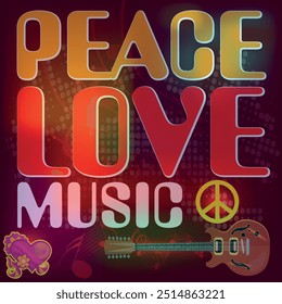 Peace Love Music. Love and Music with peace symbol. heart, musical notes and guitar in Rasta colors. 70s Love Peace Music Vector. 1970s Vintage T-shirt Design with symbols. Illustration background.