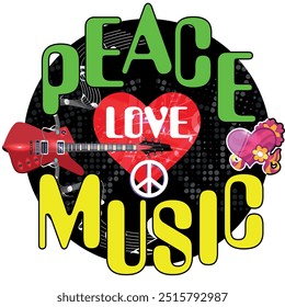 Peace Love Music. Love and Music with peace symbol. heart, musical notes and guitar in Rasta colors. 70s Love Peace Music Vector. 1970s Vintage T-shirt Design with symbols. Illustration background.