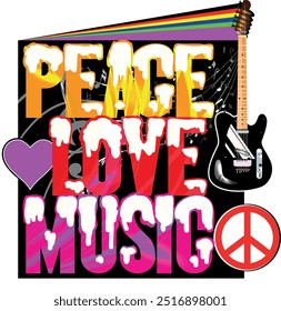 Peace Love Music. Love and Music with peace symbol. heart, musical notes and guitar in Rasta colors. 70s Love Peace Music Vector. 1970s Vintage T-shirt Design with symbols. Illustration background.