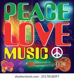 Peace Love Music. Love and Music with peace symbol. heart, musical notes and guitar in Rasta colors. 70s Love Peace Music Vector. 1970s Vintage T-shirt Design with symbols. Illustration background.