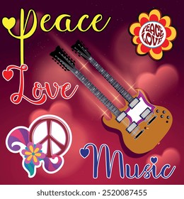 Paz, Amor, Música. Amor y música con símbolo de paz. corazón, notas musicales y guitarra en colores rasta. Vector de Música de Paz de Amor de los años 70. Diseño de camiseta Antiguas de los años 70 con símbolos. Fondo de ilustración.