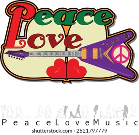 Peace Love Music. Love and Music with peace symbol. heart, musical notes and guitar in Rasta colors. 70s Love Peace Music Vector. 1970s Vintage T-shirt Design with symbols. Illustration background.