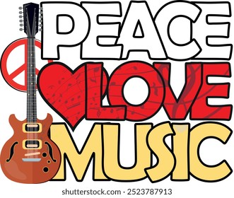 Peace Love Music. Love and Music with peace symbol. heart, musical notes and guitar in Rasta colors. 70s Love Peace Music Vector. 1970s Vintage T-shirt Design with symbols. Illustration background.