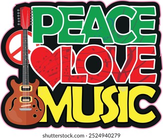 Peace Love Music. Love and Music with peace symbol. heart, musical notes and guitar in Rasta colors. 70s Love Peace Music Vector. 1970s Vintage T-shirt Design with symbols. Illustration background.