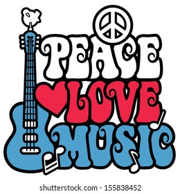 PEACE LOVE MUSIC text design with peace symbol, guitar,dove, heart and musical notes in red, white and blue.