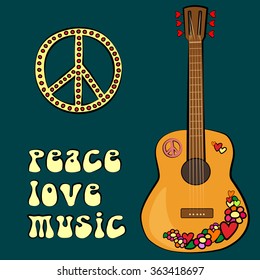 Peace love music text lettering, hippie pacifist  symbol, guitar. Hand drawn doodle sticker, elements isolated for poster, banner, card design, color vector illustration